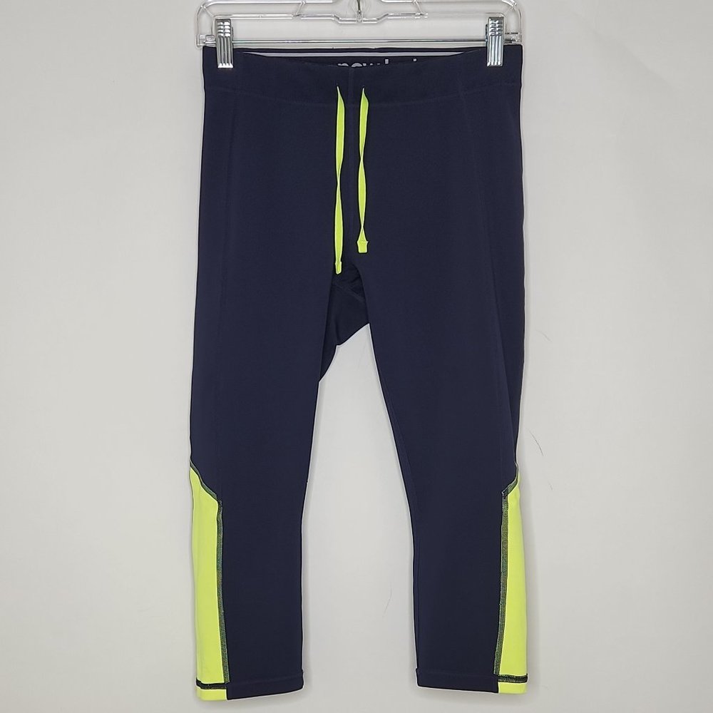 New Balance Capri Leggings Navy Blue Green Colorblock Active Gym Drawstring Pull